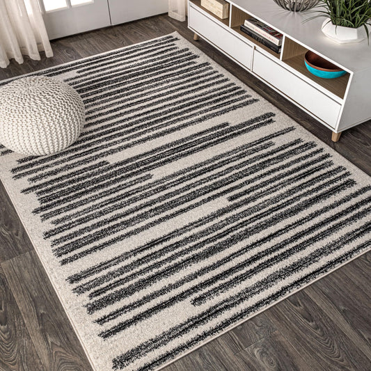 JONATHAN Y Khalil Modern Berber Stripe Cream/Black Indoor Area Rug, 9x12, Contemporary, Bohemian, Easy-Cleaning for Living Room, Bedroom, Kitchen, Pet Friendly, Non-Shedding (MOH207A-9)
