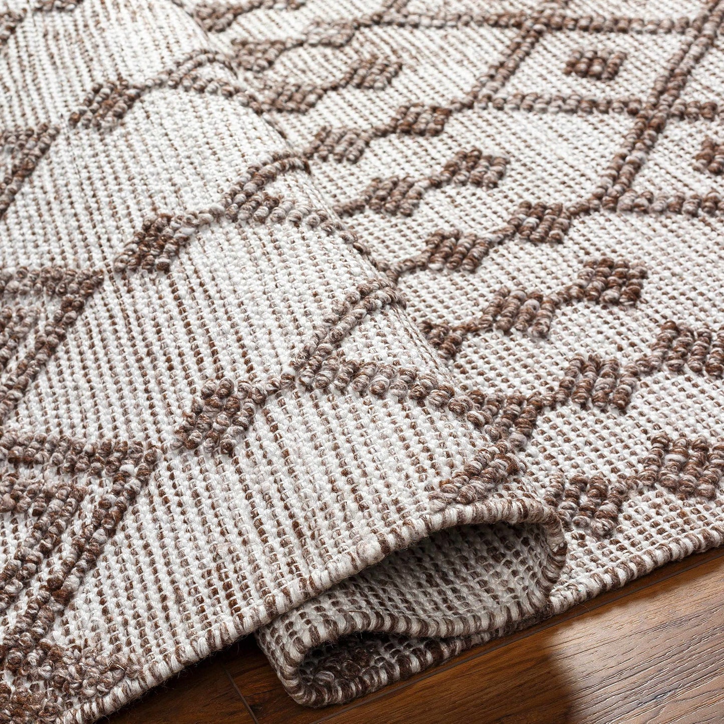Hauteloom Elora Recycled Material Area Rug - Geometric Diamond Chevron Trellis Border - Bohemian Transitional Boho Moroccan Tribal - Off - White, Dark Red, Tan, Cream, Brown - 2' x 3'