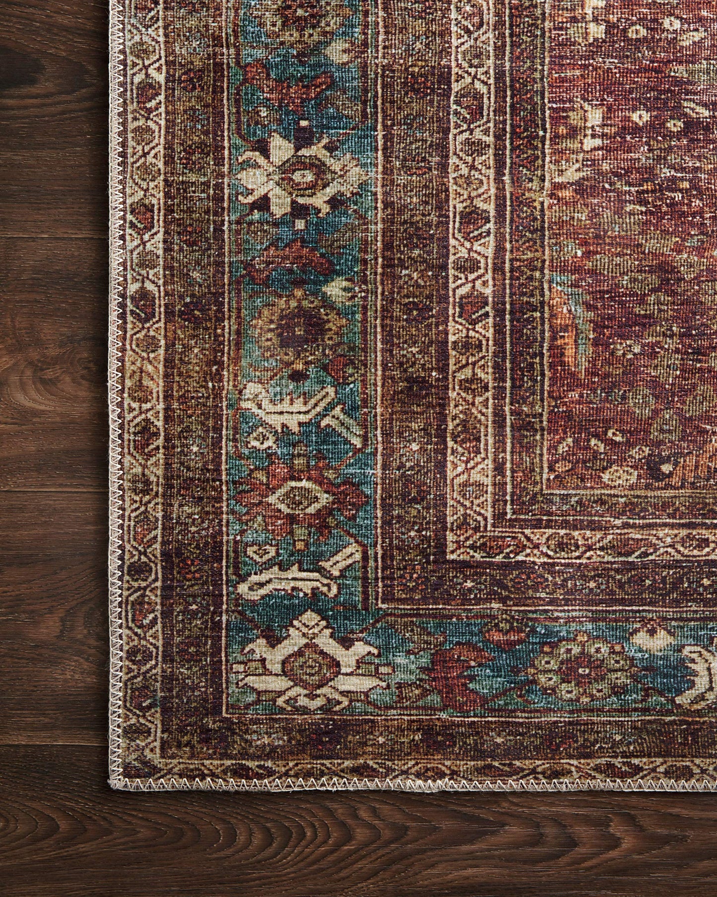 Loloi Layla Collection LAY-01 Brick/Blue 7'-6" x 9'-6" .13" Thick Area Rug, Soft, Durable, Vintage Inspired, Distressed, Low Pile, Non-Shedding, Easy Clean, Printed, Living Room Rug