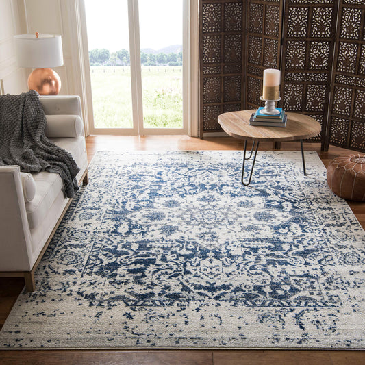 SAFAVIEH Madison Collection Area Rug - 10' Square, Cream & Navy, Snowflake Medallion Distressed Design, Non-Shedding & Easy Care, Ideal for High Traffic Areas in Living Room, Bedroom (MAD603D)