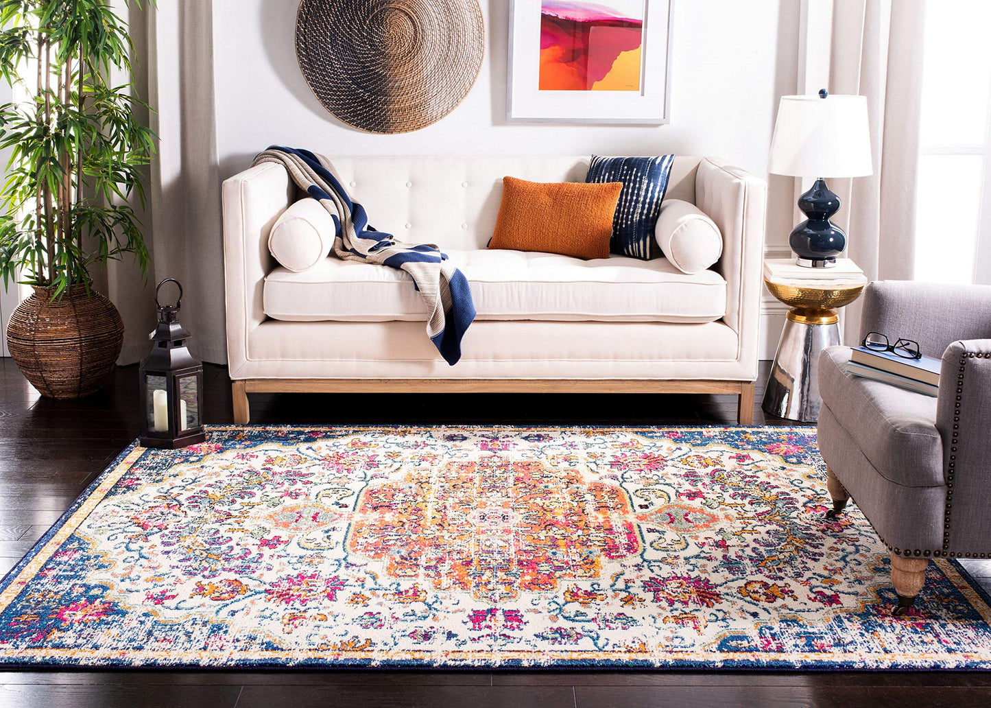 SAFAVIEH Area Rug 8x10 - Madison Collection - Large - Ivory & Orange, Boho Chic Medallion Distressed Design, Non-Shedding & Easy Cleaning, Ideal for Living Room, Bedroom, Dining Space (MAD447A)