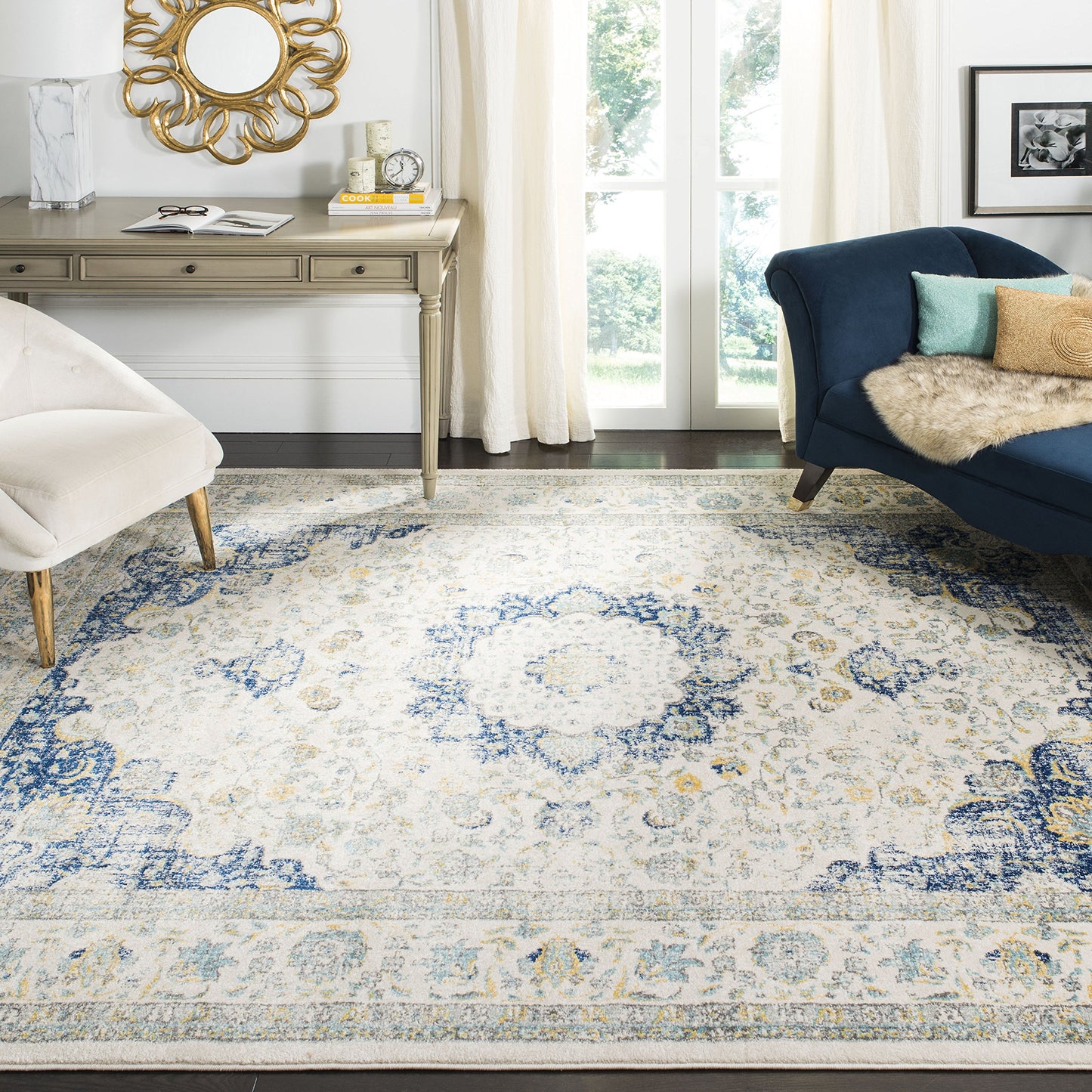 SAFAVIEH Area Rug 8x10 - Evoke Collection - Large - Ivory & Blue, Shabby Chic Oriental Medallion Design, Non-Shedding & Easy to Clean, Ideal for Living Room, Bedroom, Dining Space (EVK220C)