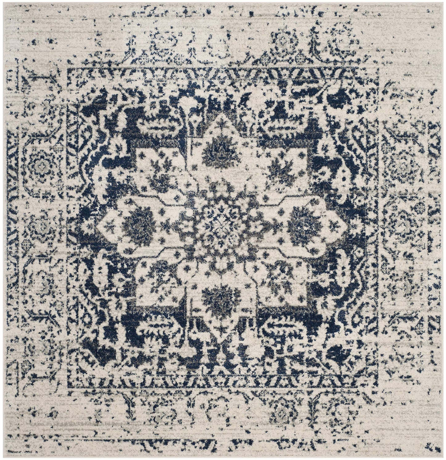 SAFAVIEH Madison Collection Area Rug - 10' Square, Cream & Navy, Snowflake Medallion Distressed Design, Non-Shedding & Easy Care, Ideal for High Traffic Areas in Living Room, Bedroom (MAD603D)