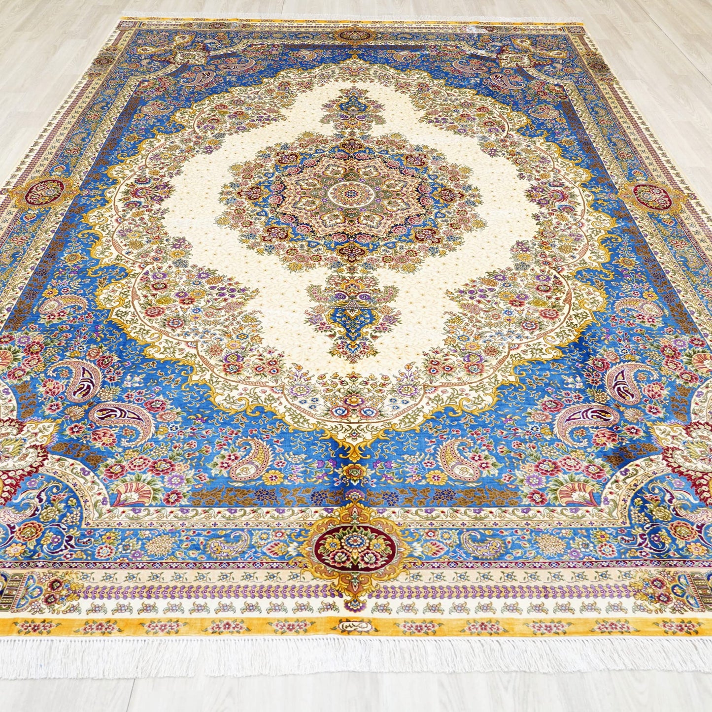Yuchen Rug Silk Rug 8x10 Blue Handmade Traditional Medallion Vintage Large Silk Rug for Living Room