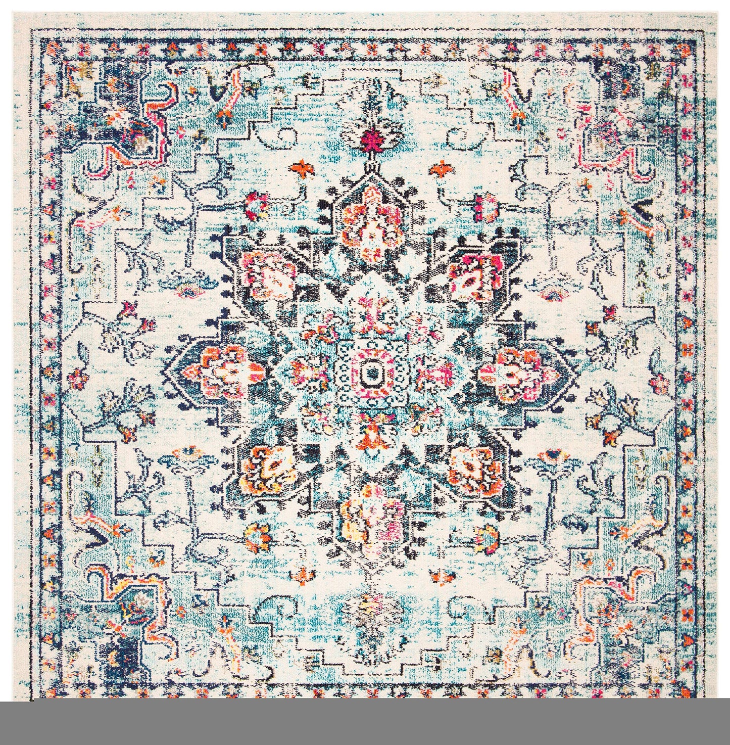 SAFAVIEH Madison Collection Area Rug - 9' Square, Cream & Blue, Boho Chic Distressed Medallion Design, Non-Shedding & Easy to Clean, Ideal for Living Room, Bedroom, Dining Space (MAD473B)
