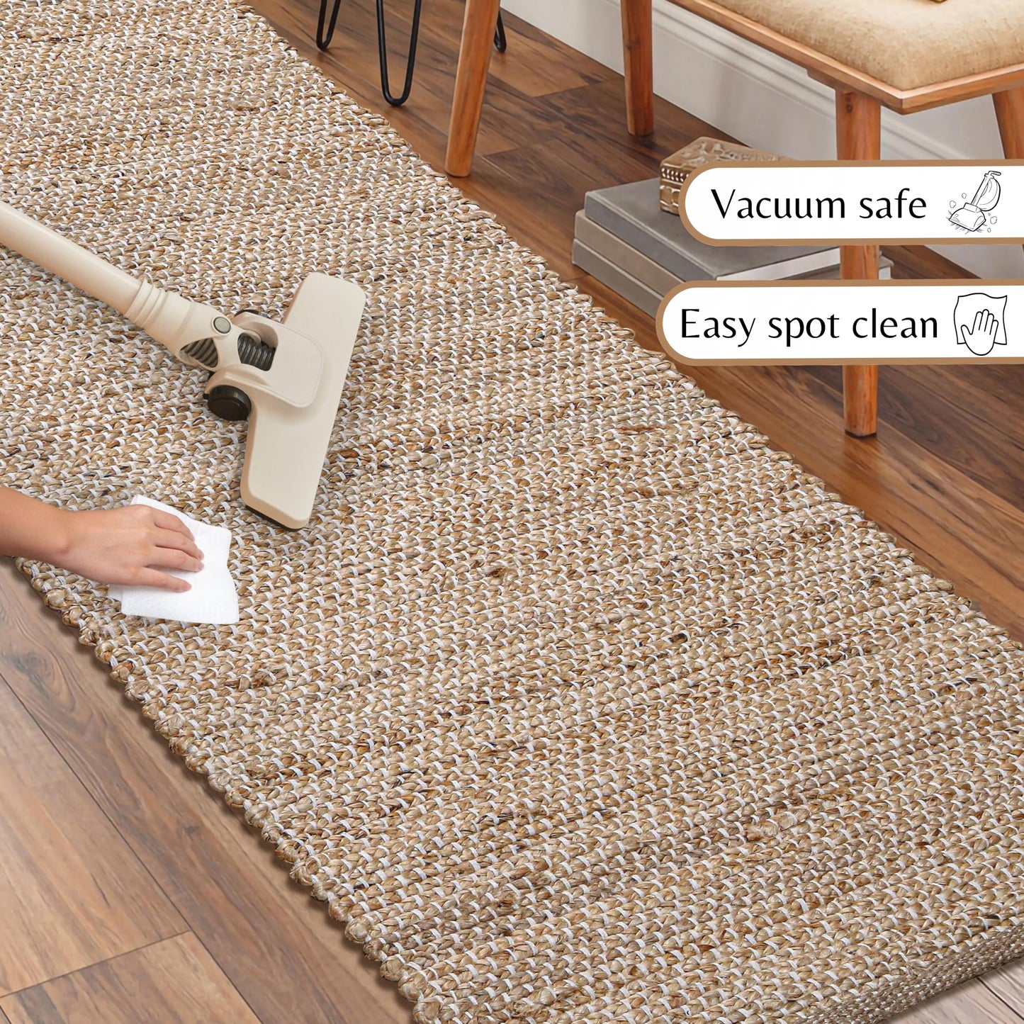 Hausattire Jute Woven Runner Rug 2'x6' - Natural, Hand Braided Boho Reversible Area Rugs for Kitchen, Living Room | Farmhouse Indoor Outdoor Long Mat for Bedroom, Natural Fiber Patio Mats - 24x72 Inch