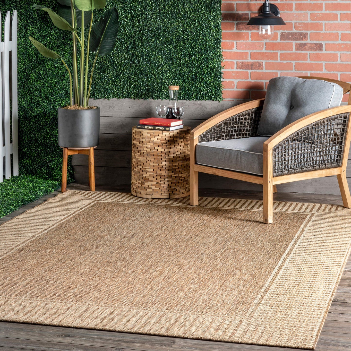 """nuLOOM 5' x 8' Outdoor Area Rug, Casual Design With Striped Border, Stain Resistant, Highly Durable, For Patio, Balcony, Bedroom, Living Room, Dining Room, Bathroom, Light Brown"""
