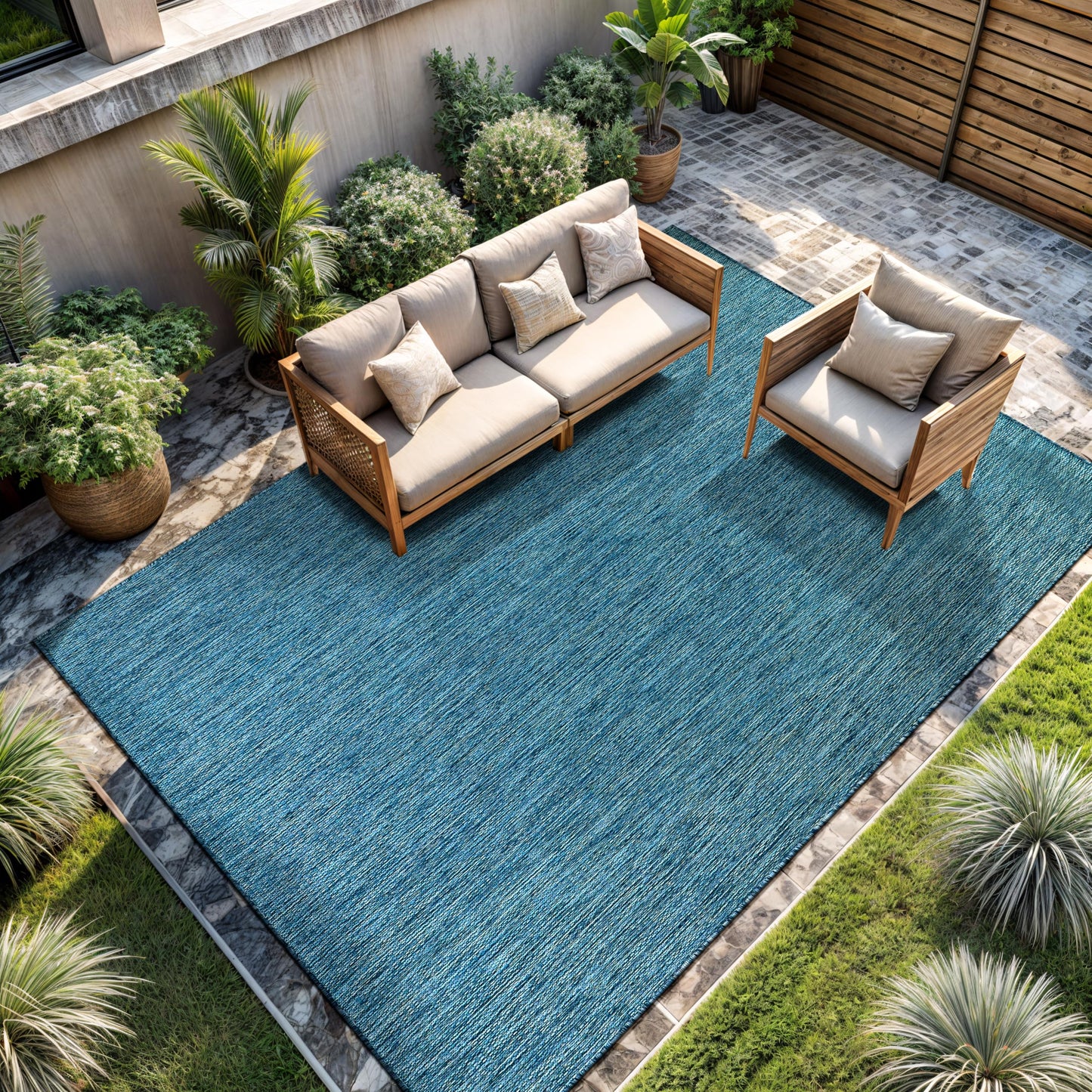 CAMILSON Outdoor Rug 8x10 Modern Area Rugs for Indoor and Outdoor Patios and Porches - Waterproof, Washable, Non-Shedding, Easy-to-Clean Outside Carpet (8 x 10, Solid - Aqua)