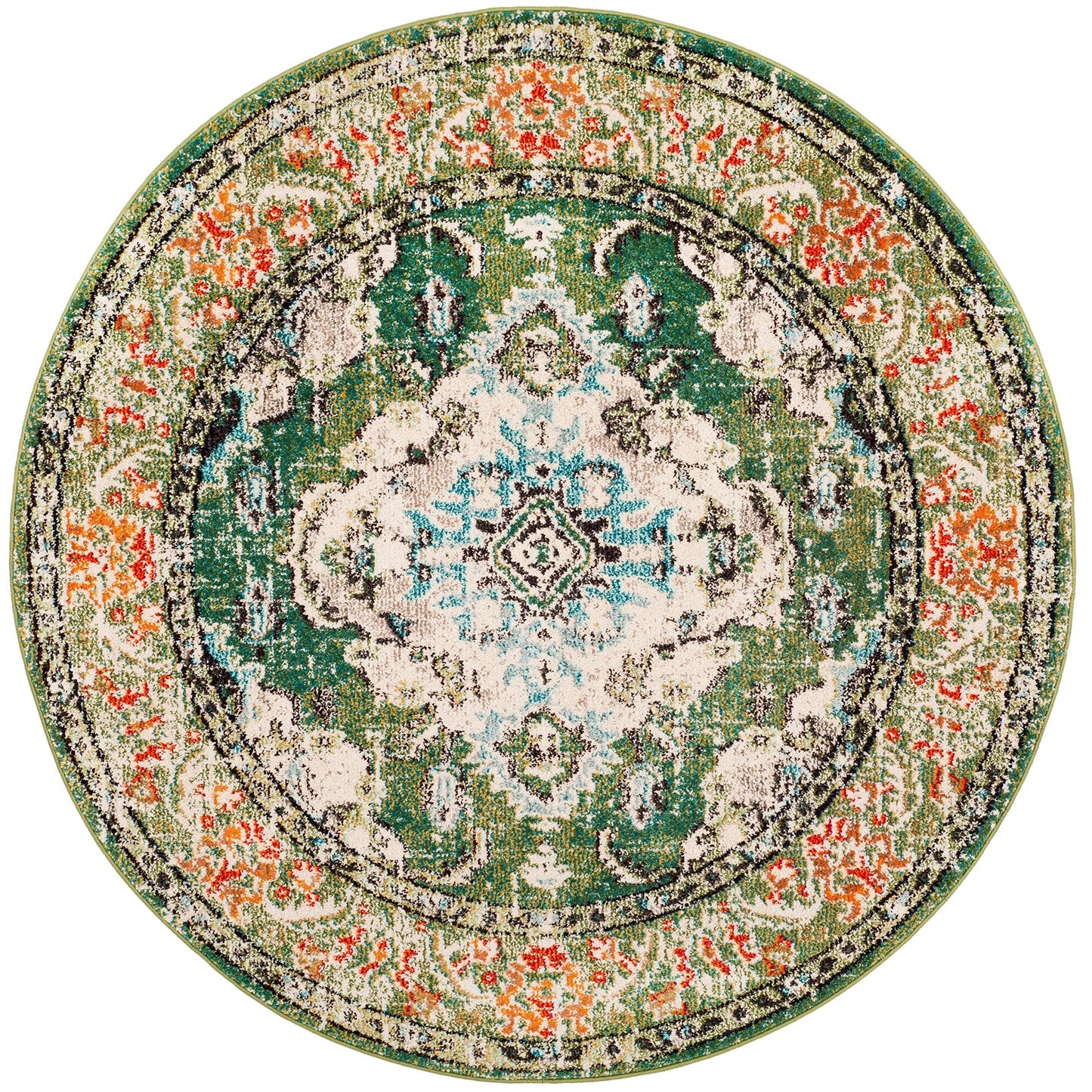 SAFAVIEH Monaco Collection Area Rug - 8' Round, Forest Green & Light Blue, Non-Shedding & Easy to Clean, Distressed Medallion Design, Ideal for Living Room, Bedroom, Dining Space (MNC243F)