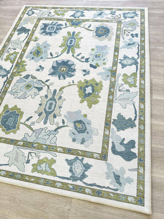 Fame Living Green Oushak Rug, Modern, Vintage, Turkish, Eclectic, Floral, Pastel, Washable, Area Rugs for Living Room, Dining, Bedroom, Office, Entryway, Foyer, Playroom, Nursery, 5'x6'9"