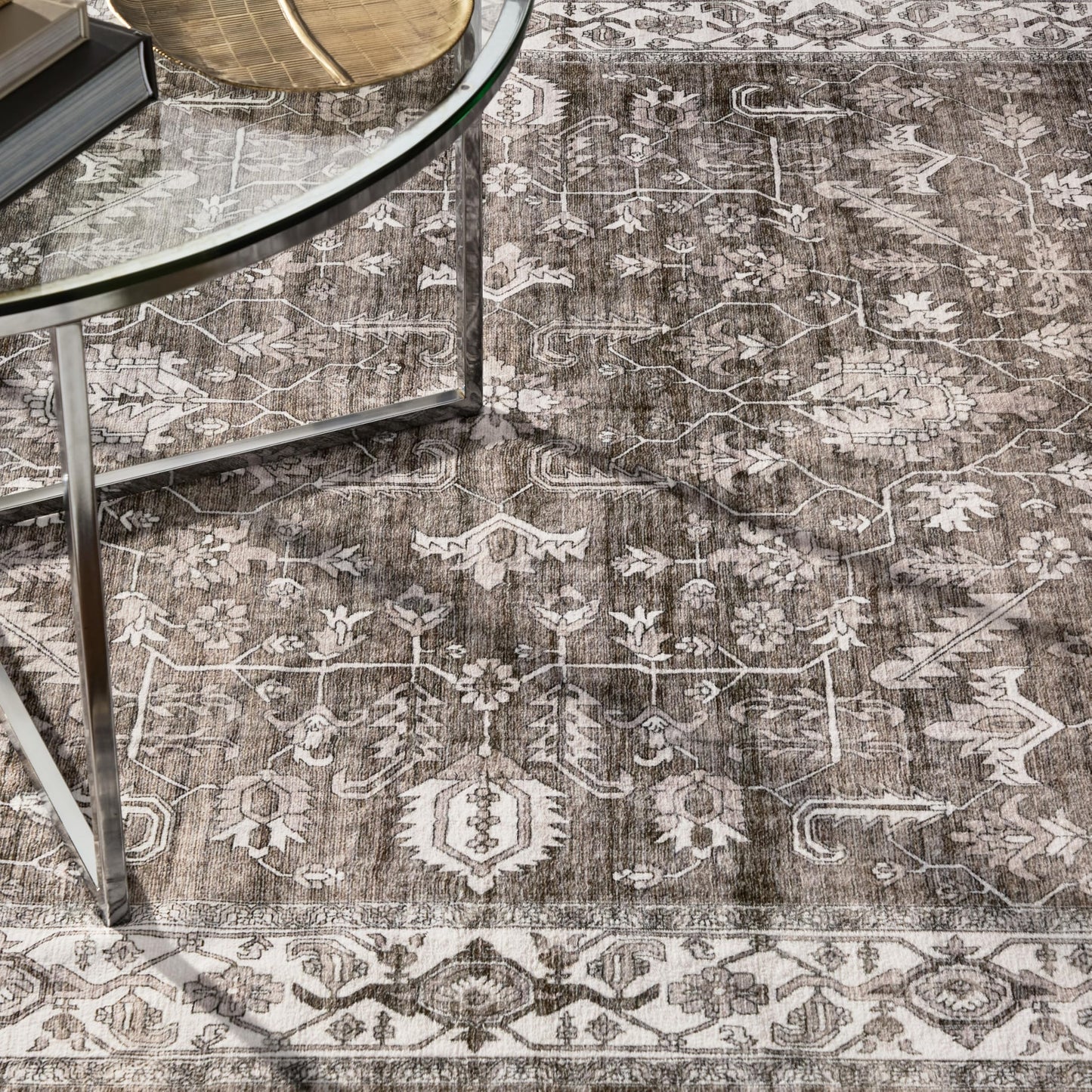 EVERWASH Haven Distressed Border Machine Washable Area Rug with Airflo Technology for Easy Clean, Ultra-Soft Non-Slip Rug with Built-in Pad, Pet, Family & Allergy Friendly Rug, Brown, 2'6"x7'