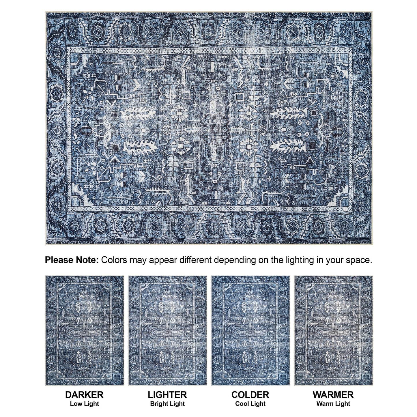 Bloom Rugs Washable Non-Slip 4' x 6' Rug - Blue Traditional Area Rug for Living Room, Bedroom, Dining Room, and Kitchen - Exact Size: 4' x 6'