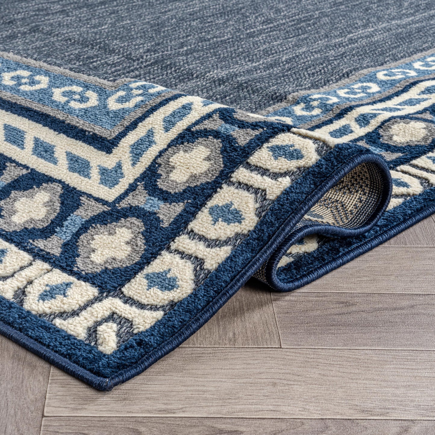 Rugshop Indoor/Outdoor High-Low Textured Area Rug, Coastal Border, Easy-Clean Patio Rug for Porch Deck Balcony 7' 10" x 10' Navy