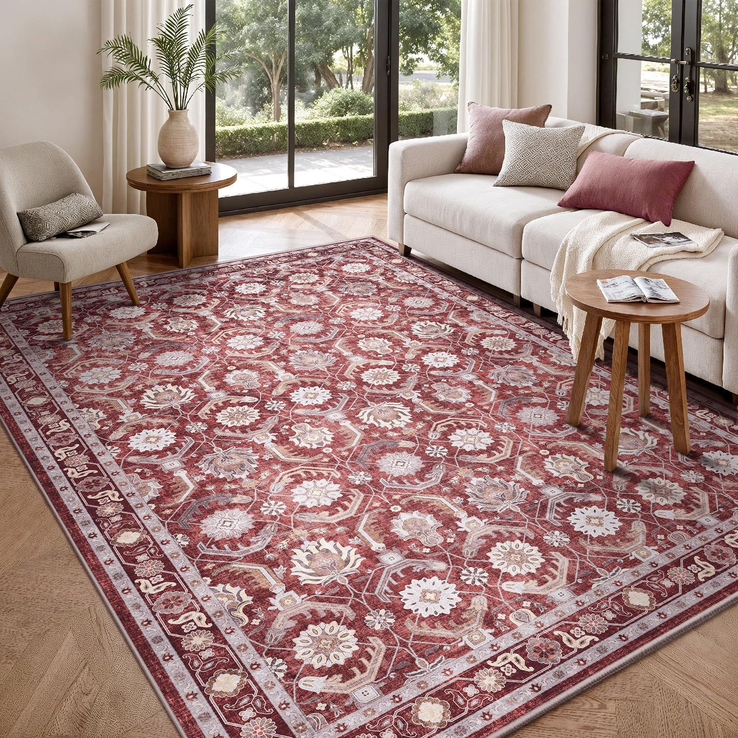 Woodbruy 5x7 Area Rugs, Soft Non Slip Low Pile Washable Rug, Boho Modern Rug for Living Room, Bedroom, Dining Room, Red