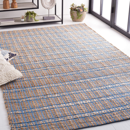 SAFAVIEH Natural Fiber Collection Area Rug - 9' x 12', Blue & Natural, Handmade Boho Stripe Farmhouse Rustic Jute & Cotton Jute, Ideal for High Traffic Areas in Living Room, Bedroom (NFB656M)