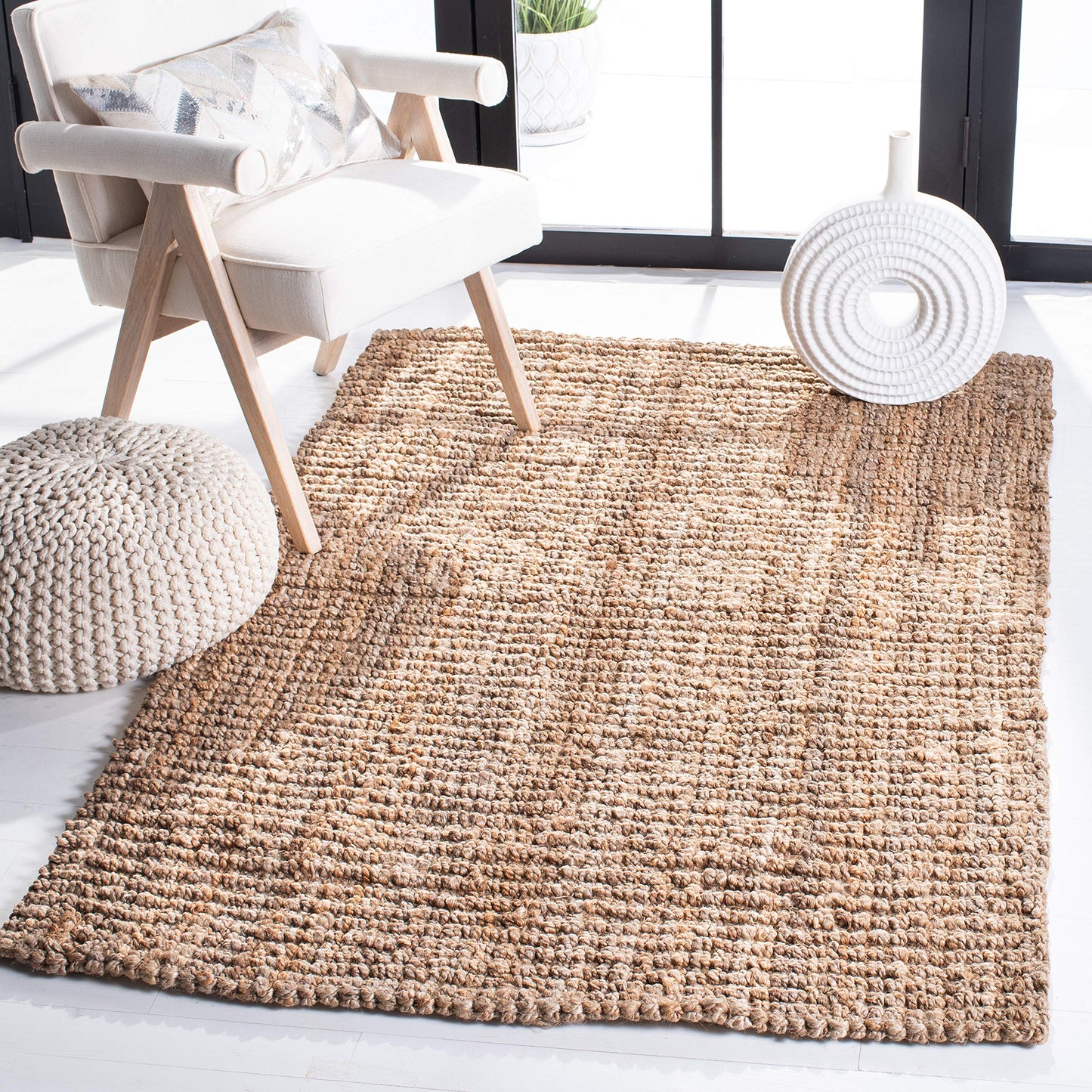 SAFAVIEH Area Rug 4' Square - Natural Fiber Collection - Natural Brown, Handmade Jute, Farmhouse Style, Chunky Textured Thick Pile (NF447A)
