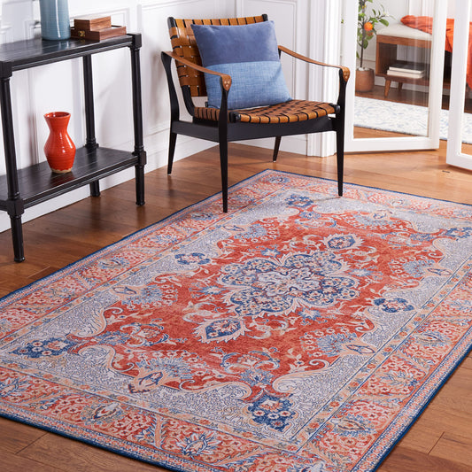 SAFAVIEH Washable Rug Tucson Collection - 4' x 6', Rust & Blue, Slip Resistant & Easy to Clean, Ideal for Foyer, Kitchen, Nursery, Office, Bedroom (TSN171P)