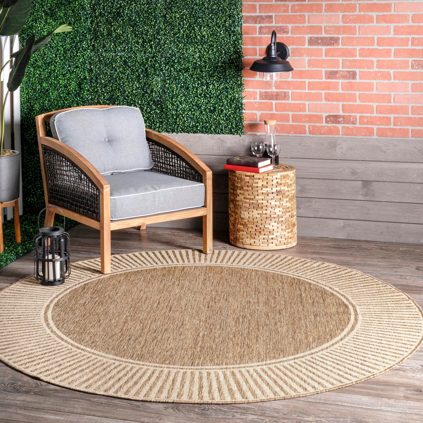 Nuloom Asha Light Brown/Ivory, 6'7" Round, Casual, Striped Border, Soft and Cozy, High Traffic, Easy Clean, Durable Area Rug for Indoor/Outdoor Patio, Deck, Porch, Garden, Courtyard