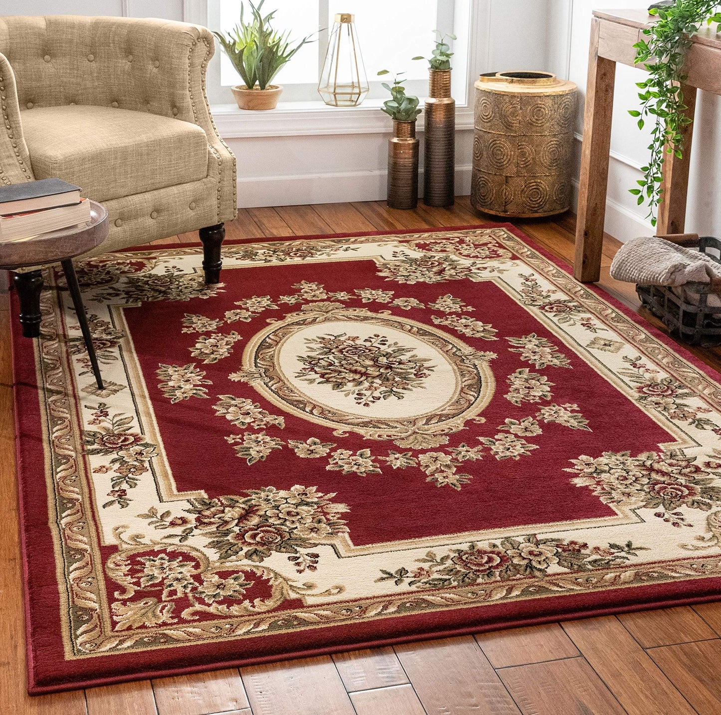Pastoral Medallion Red French European Formal Traditional Area Rug (5'3" x 7'3") Easy to Clean Stain Fade Resistant Shed Free Modern Contemporary Floral Thick Soft Plush Living Dining Room Rug