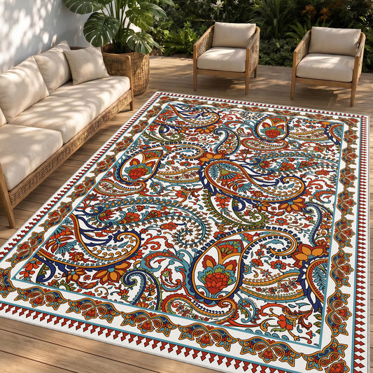 Arenarug Paisley Outdoor Rug Waterproof 5x8, UV Resistant Non Slip Patio Rug, Indoor Outdoor Boho Camping Rug Linen-Look RV Carpet for Deck Balcony Backyard, White Multi