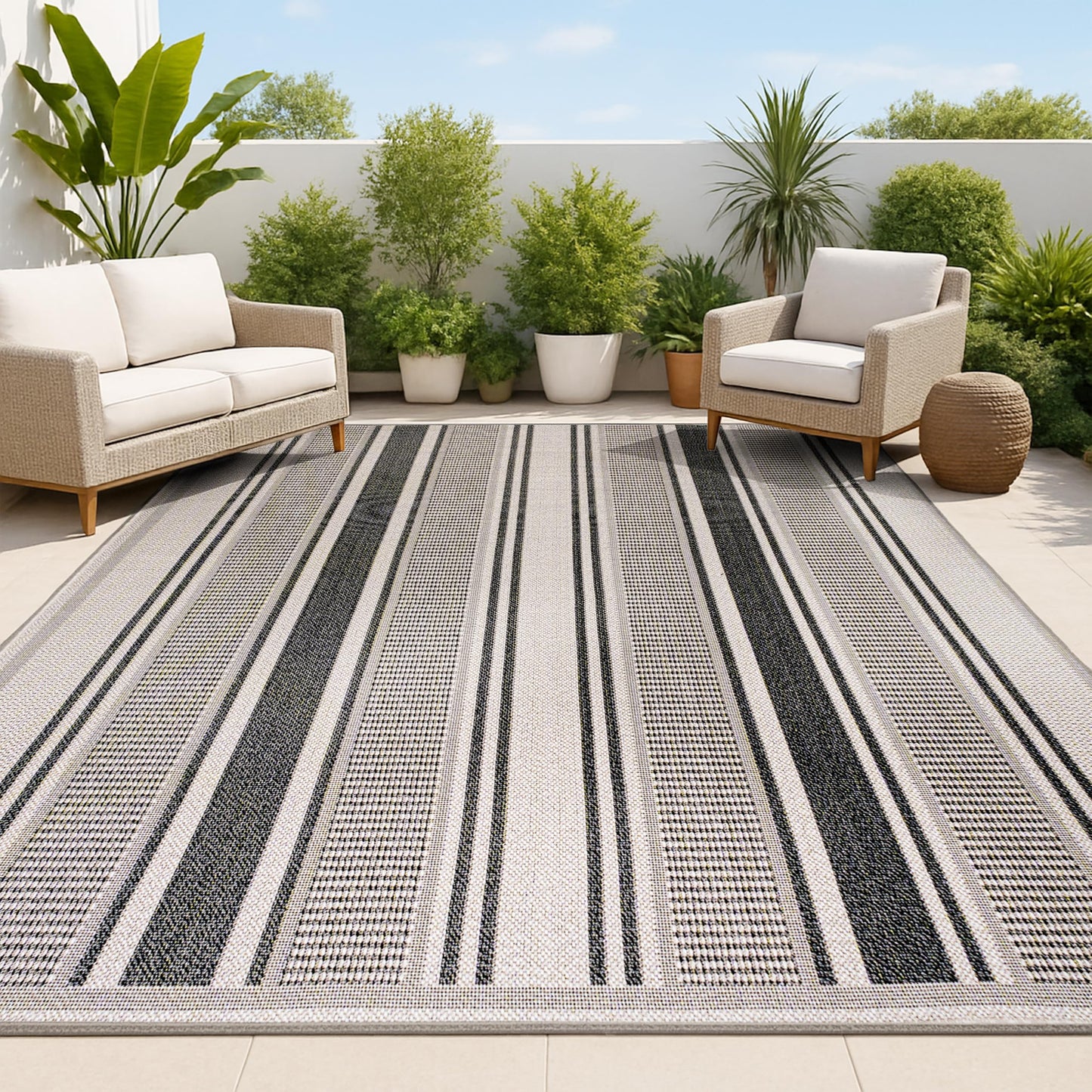 JONATHAN Y Double Stripe Indoor Outdoor Area Rug 5X8 Black/Beige, Haynes Modern for Backyard, Patio, Porch, Easy-Cleaning, High Traffic, Pet-Friendly, Non-Shedding (SMB202D-5)