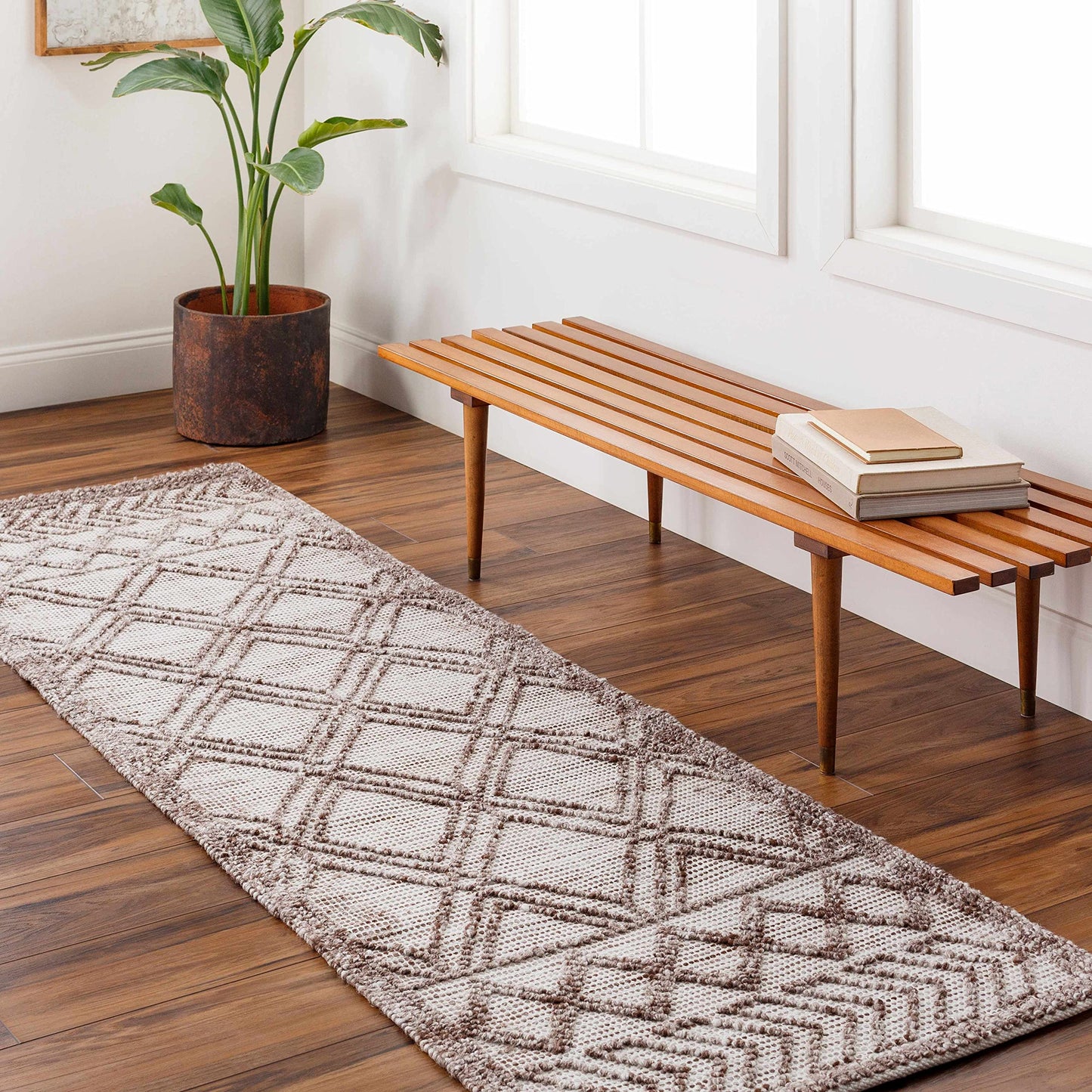 Hauteloom Whitney Recycled Material Area Rug - Geometric Diamond Trellis Lattice Border - Bohemian Transitional Moroccan Boho Tribal - Beige, Dark Brown, Cream, Brown, Taupe - 5' x 7'6"