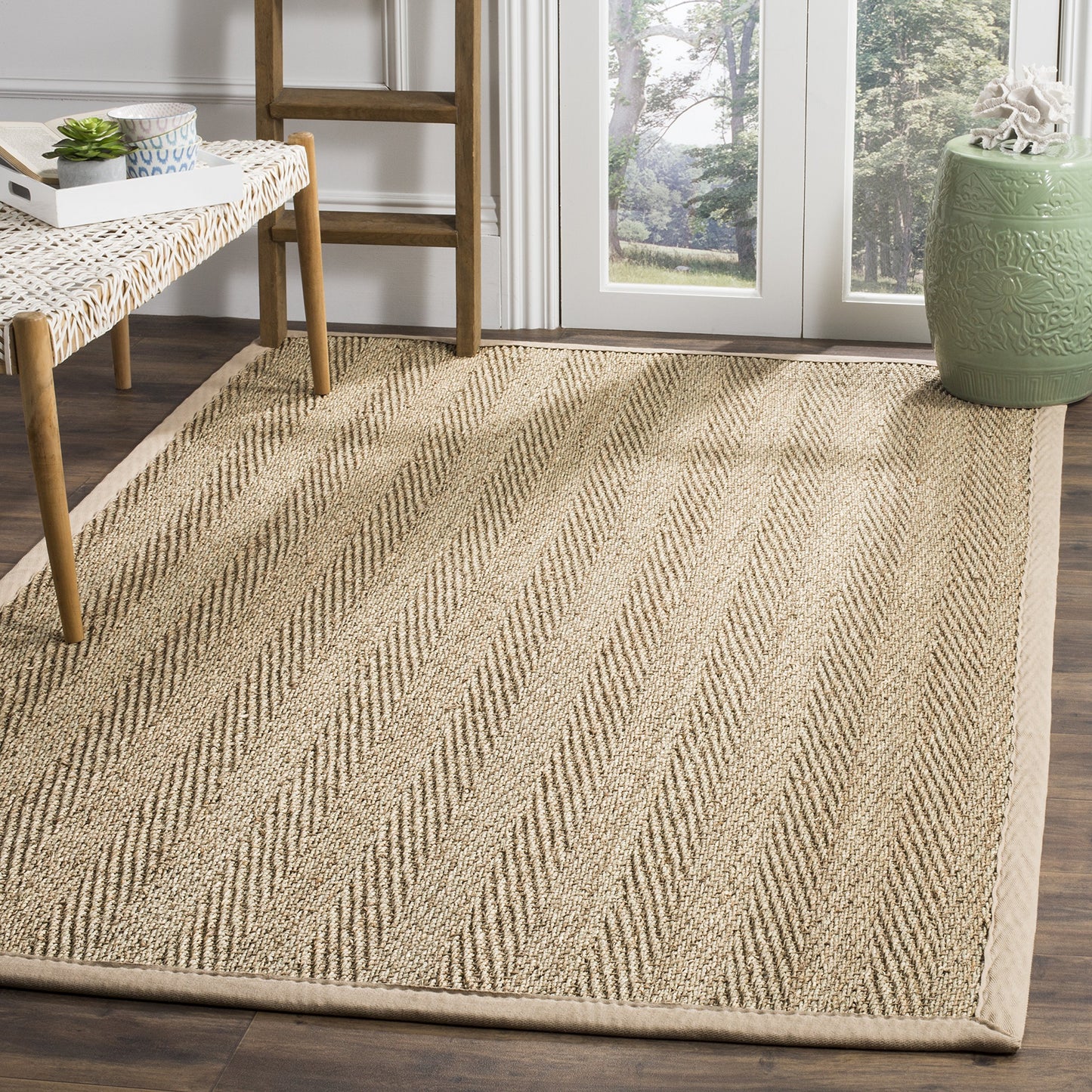 SAFAVIEH Area Rug 5x8 - Natural Fiber Collection - Natural & Beige, Seagrass, Herringbone Pattern with Border (NF115A)