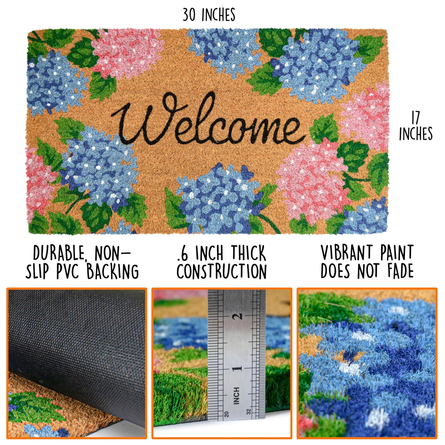 Hydrangea Door Mat 30x17 Inch, Floral Welcome Mat Coir, Spring Doormat