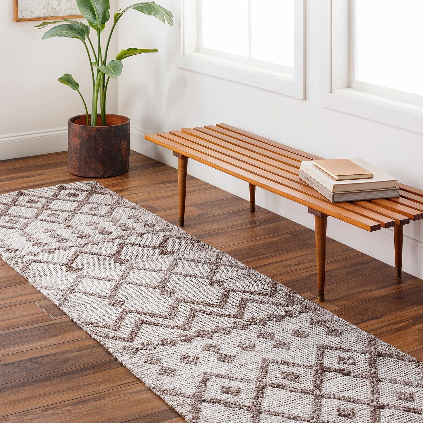 Hauteloom Elora Recycled Material Area Rug - Geometric Diamond Chevron Trellis Border - Bohemian Transitional Boho Moroccan Tribal - Off - White, Dark Red, Tan, Cream, Brown - 2' x 3'