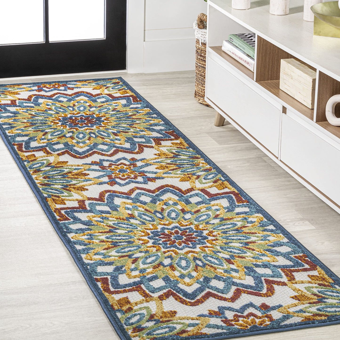 JONATHAN Y Abstract Bold M&ala Indoor Outdoor Runner Rug 2X8 Red/Blue/Yellow, Flora High-Low for Backyard, Patio, Porch, Easy-Cleaning, High Traffic, Pet-Friendly, Non-Shedding (AMC112A-28)