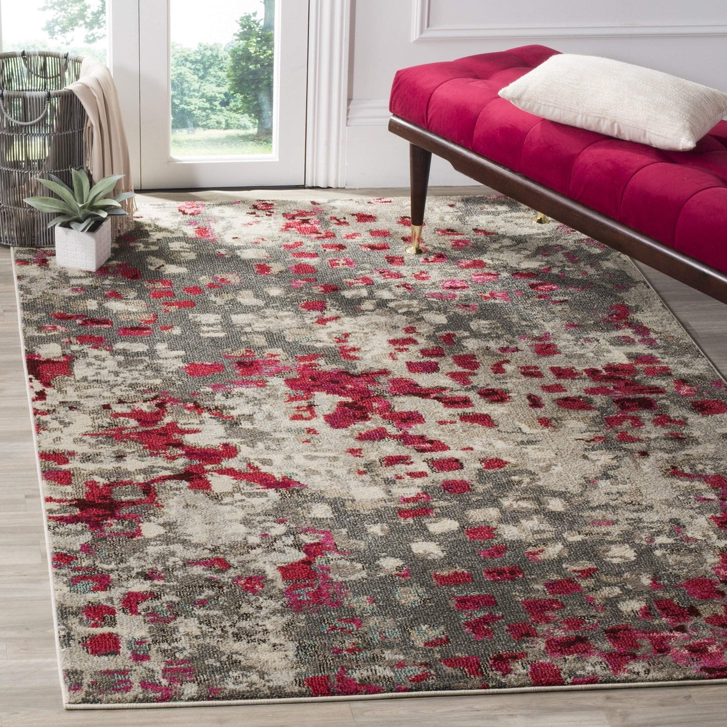 SAFAVIEH Monaco Collection Area Rug - 6'7" Square, Grey & Fuchsia, Boho Chic Abstract Watercolor Design, Non-Shedding & Easy Care, Ideal for High Traffic Areas in Living Room, Bedroom (MNC225R)