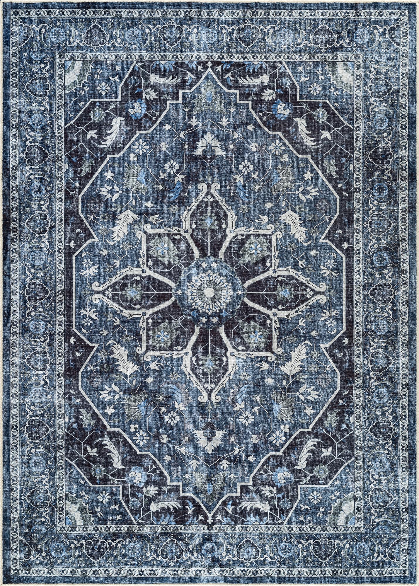 Bloom Rugs Caria Washable Non-Slip 4x6 Rug - Blue/Charcoal Traditional Area Rug for Living Room, Bedroom, Dining Room, and Kitchen - Exact Size: 4' x 6'