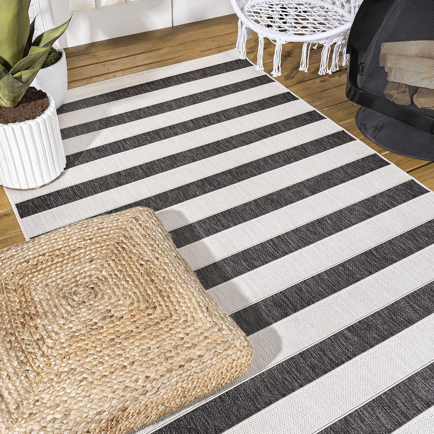 JONATHAN Y Wide Stripe Indoor Outdoor Area Rug 8X10 Black/Cream, Aveiro for Backyard, Patio, Porch, Easy-Cleaning, High Traffic, Pet-Friendly, Non-Shedding (SMB112B-8)