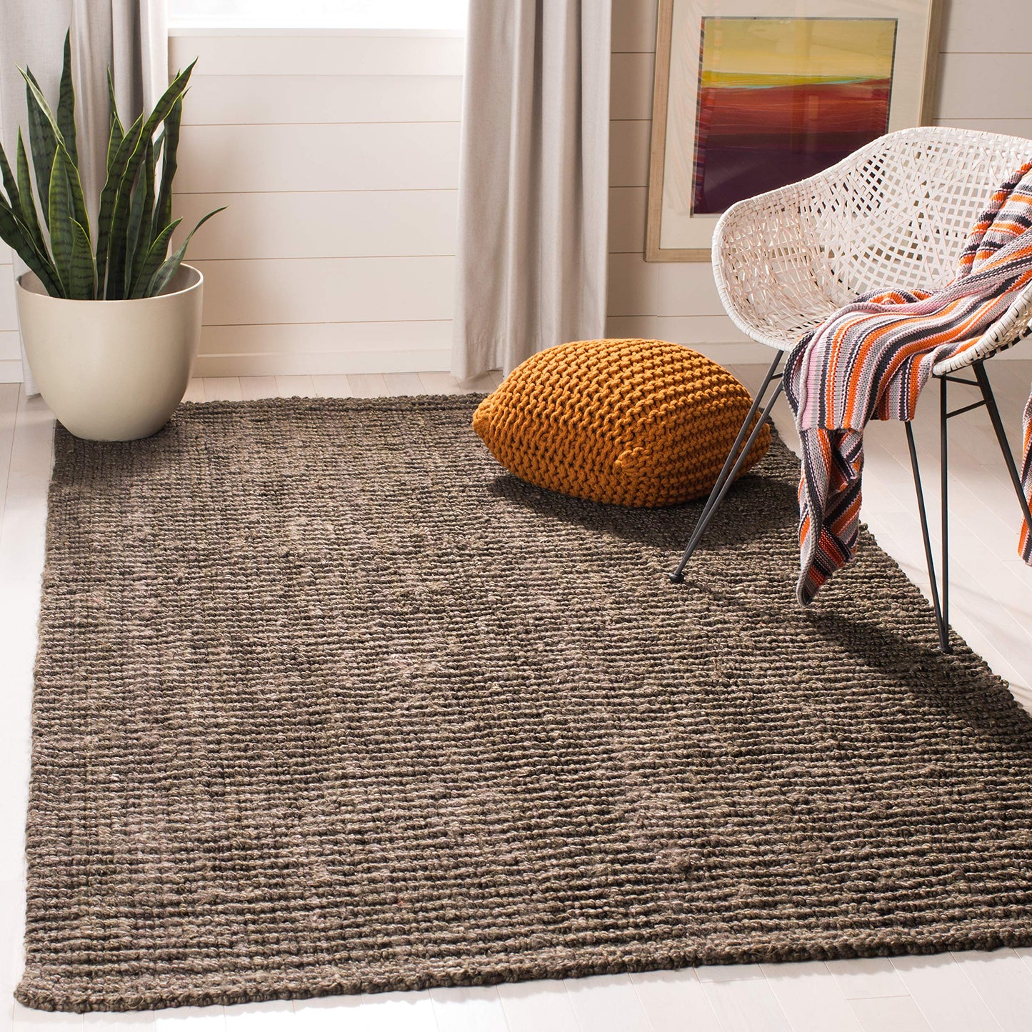 SAFAVIEH Area Rug 8' Square - Natural Fiber Collection - Brown, Handmade Jute, Farmhouse Style, Chunky Textured Thick Pile (NF447D)