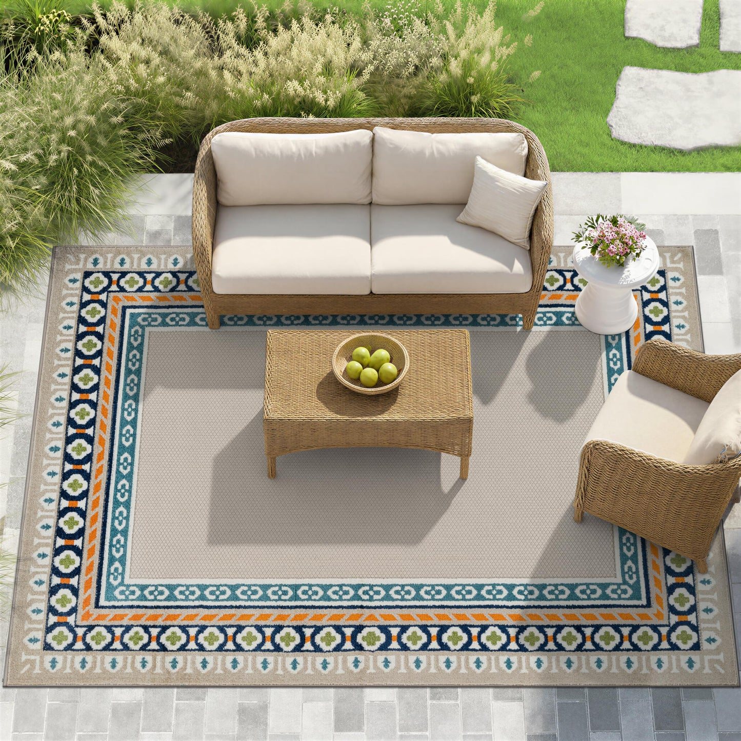 Rugshop Indoor/Outdoor High-Low Textured Area Rug, Coastal Border, Easy-Clean Patio Rug for Porch Deck Balcony 6' 6" x 9' Multi