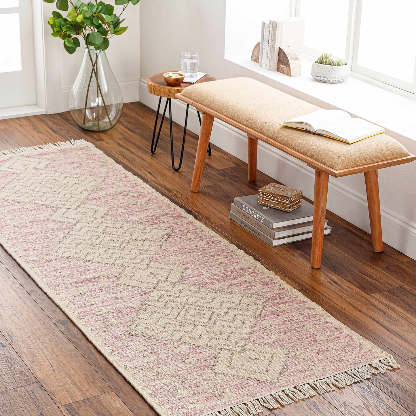 Hauteloom Sang Recycled Material Area Rug - Geometric Diamond Chevron Medallion Border - Bohemian Transitional Boho Tribal Moroccan - Dusty Pink, Dark Pink, Tan, Pink, Cream - 2' x 3'