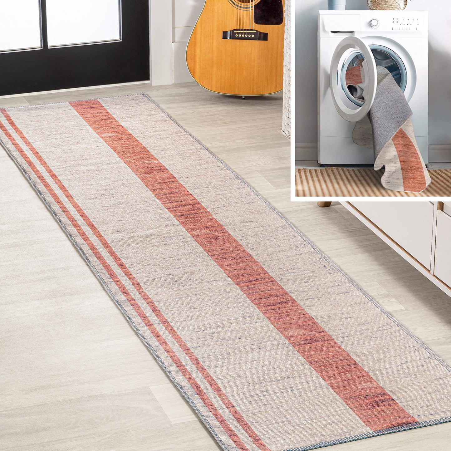 JONATHAN Y Machine Washable Ivory/Peach Runner Rug 2X8 ft, Raita Modern Distressed Stripe for Living Room, Bedroom, Kitchen, Office, Easy-Cleaning, High Traffic, Pet-Friendly, Non-Shedding WSH116A-28
