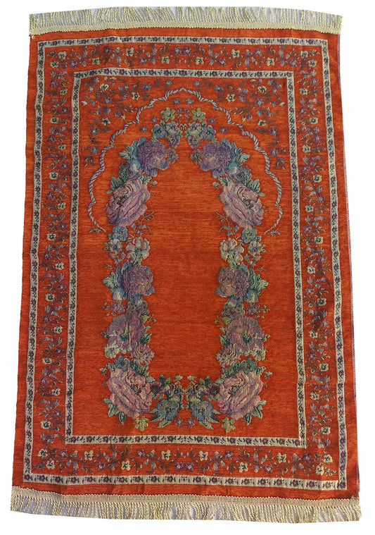 Islam Portable Sajadah Carpet Thin Prayer Mat Janamaz AMN-211 Floral Design Chenille Worship Blanket Travel Rug Namaz Area Muslim Gift (Orange)
