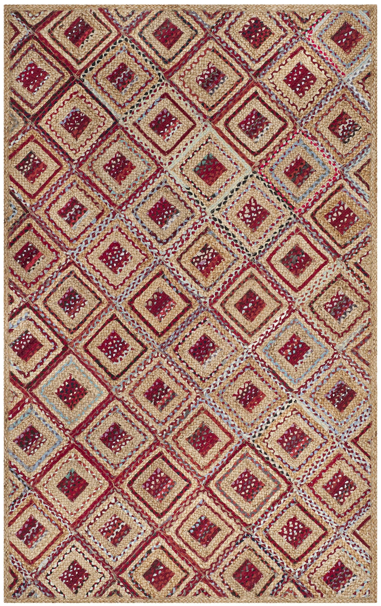 SAFAVIEH Area Rug 8x10 - Cape Cod Collection - Large - Natural & Red, Handmade Flat Weave Braided Jute & Denim, Ideal for Living Room, Bedroom, Office, Dining Space (CAP354B)