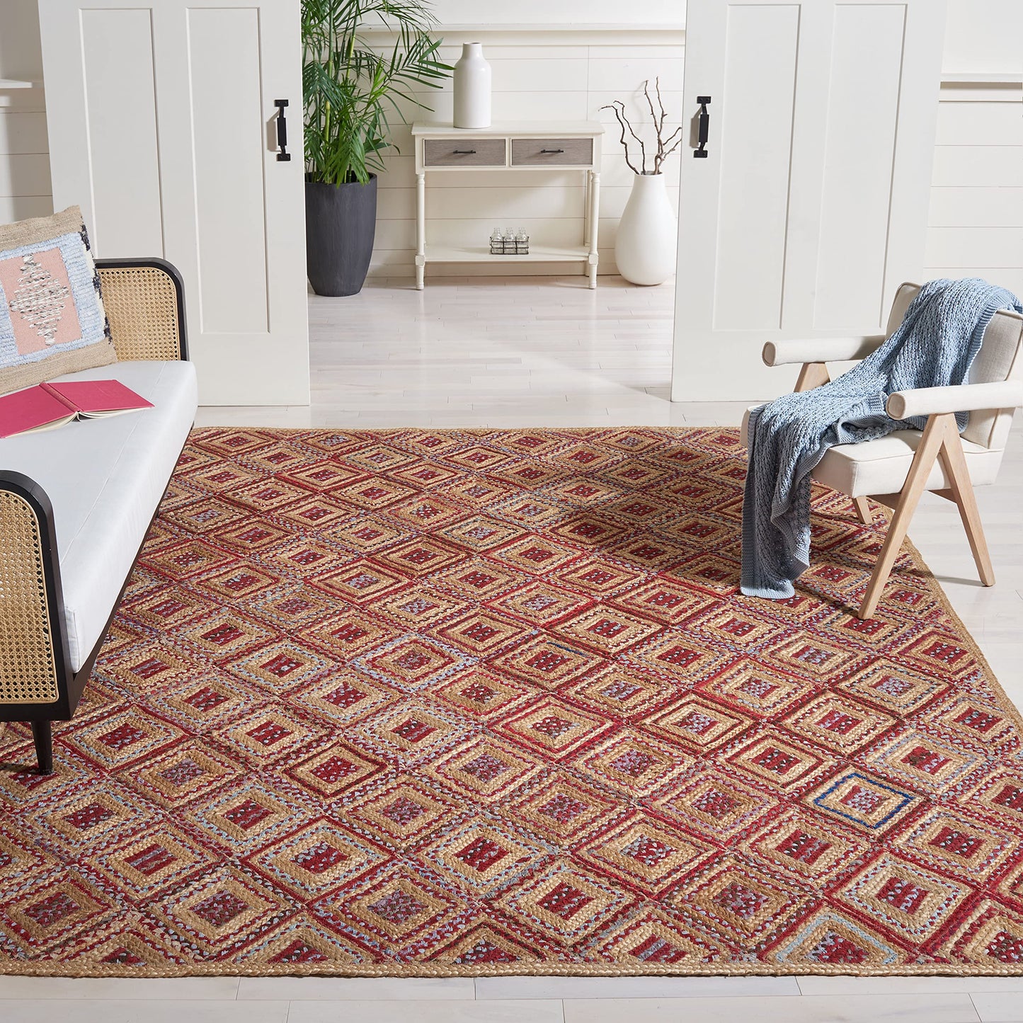 SAFAVIEH Area Rug 8x10 - Cape Cod Collection - Large - Natural & Red, Handmade Flat Weave Braided Jute & Denim, Ideal for Living Room, Bedroom, Office, Dining Space (CAP354B)