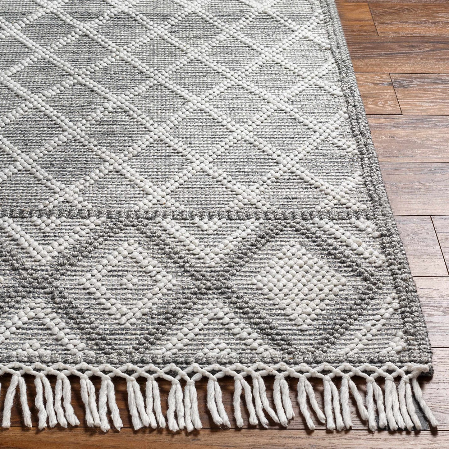 Hauteloom Jaya Recycled Material Area Rug - Geometric Diamond Trellis Lattice Border - Bohemian Transitional Boho Moroccan Tribal - Slate Blue, Charcoal, Off - White, Gray, White - 27" x 45"