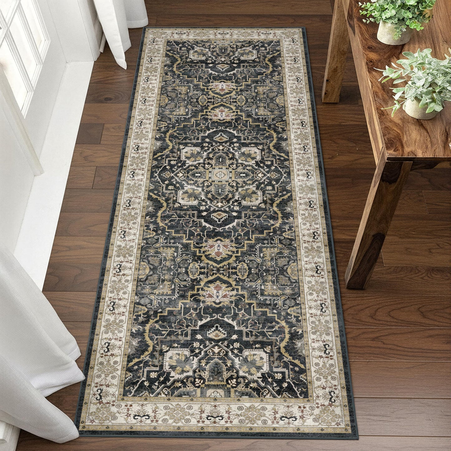 EiniHliw 2x6 Washable Kitchen Runner Rug, Non Slip Vintage Runner Rugs for Hallway, Ultra-Thin Low Pile Distressed Kitchen Rugs Non Skid, Machine Washable Laundry Entryway Indoor Carpet,Black