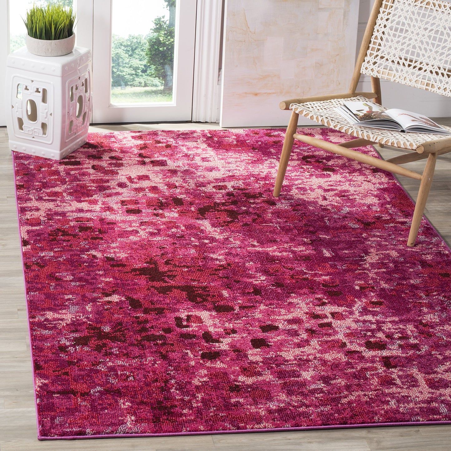 SAFAVIEH Monaco Collection Area Rug - 6'7" x 9'2", Fuchsia, Boho Chic Abstract Watercolor Design, Non-Shedding & Easy Care, Ideal for High Traffic Areas in Living Room, Bedroom (MNC225F)