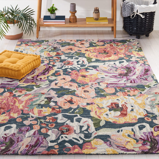 SAFAVIEH Blossom Collection Area Rug - 5' x 8', Blue & Purple, Handmade French Country Floral Wool, Ideal for High Traffic Areas in Living Room, Bedroom (BLM463M)