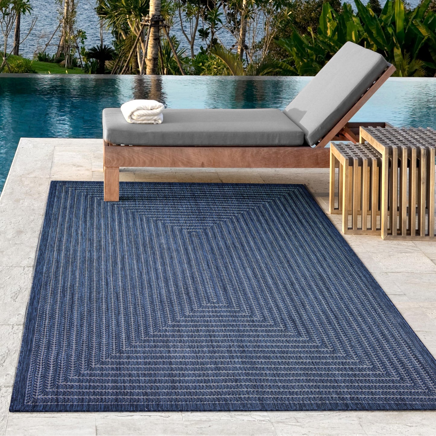 Adiva Rugs Outdoor Indoor Area Rug, Weather Resistant, Easy to Clean, Stain Resistant Floor Mat for Dining Room, Backyard, Deck, Patio (Navy Weiss, 5' x 7')