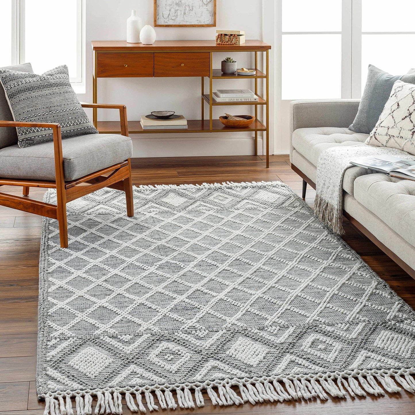 Hauteloom Jaya Recycled Material Area Rug - Geometric Diamond Trellis Lattice Border - Bohemian Transitional Boho Moroccan Tribal - Slate Blue, Charcoal, Off - White, Gray, White - 27" x 45"