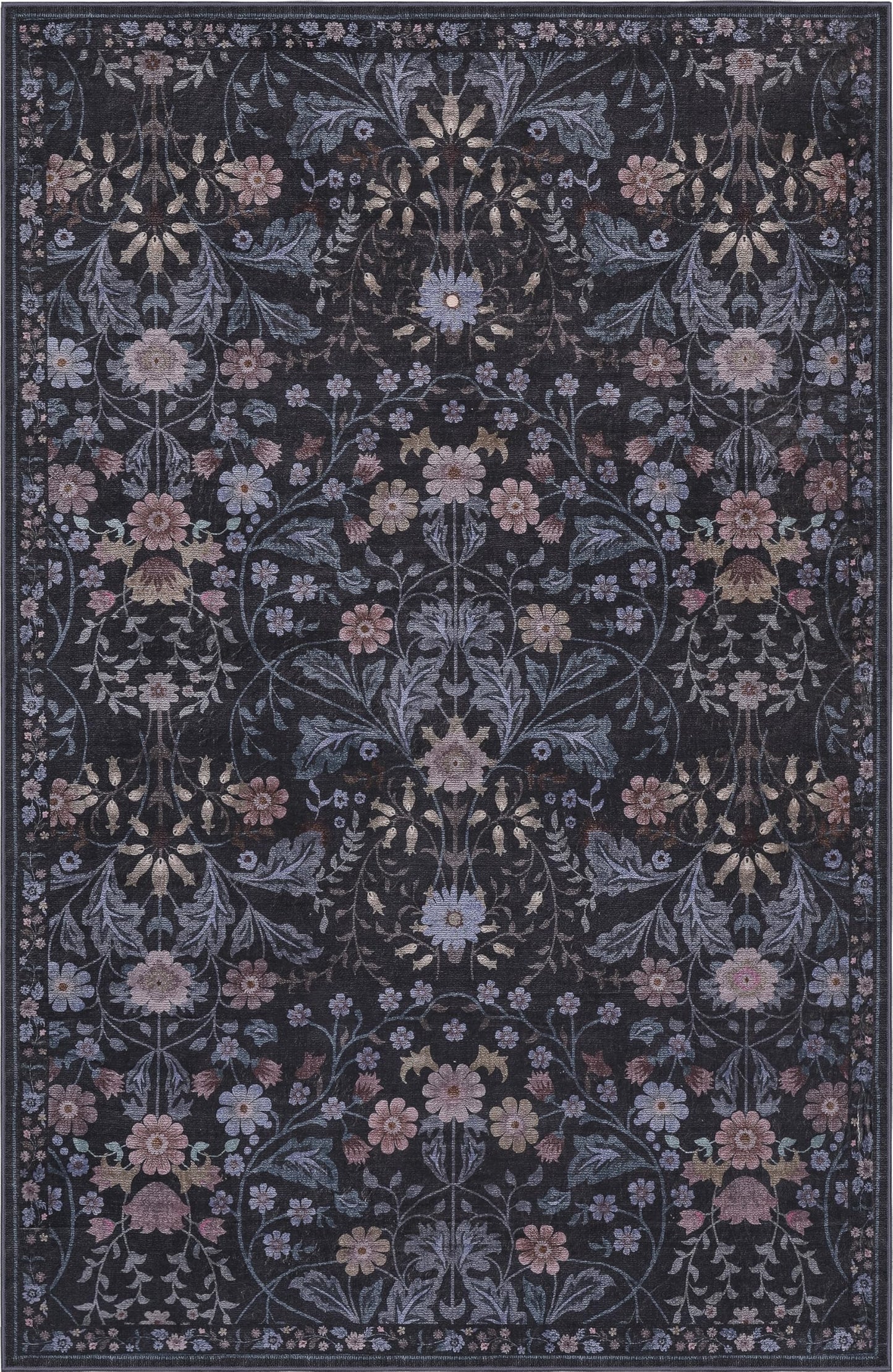 JONATHAN Y Ultra-Soft Machine-Washable Rug with Non-Skid Backing, Dark Gray/Multi 8'x10' Primrose Art Nouveau Floral Border, Non-Shedding, Velvet Luxury Feel for Living Room, Dining Room, Bedroom