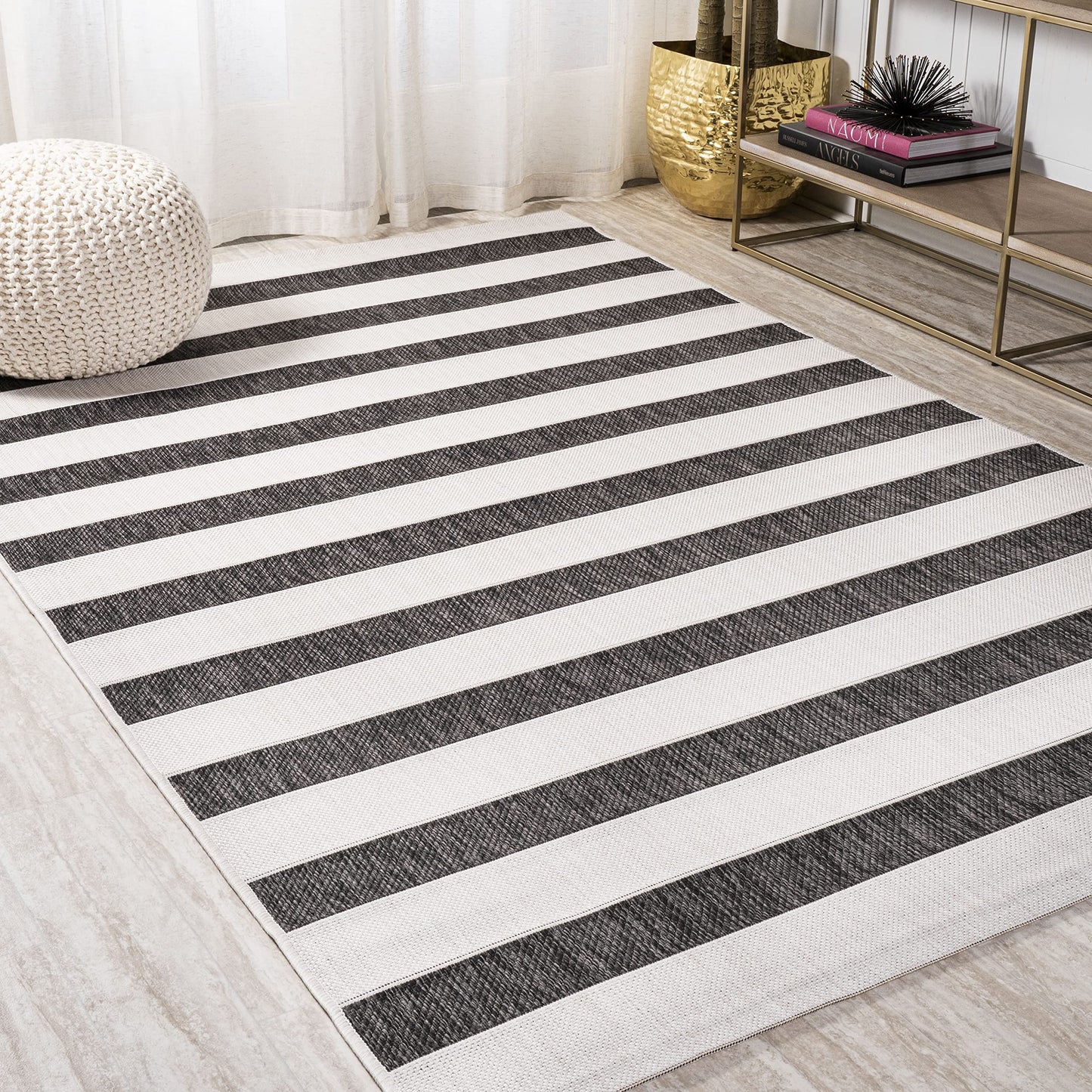 JONATHAN Y Wide Stripe Indoor Outdoor Area Rug 8X10 Black/Cream, Aveiro for Backyard, Patio, Porch, Easy-Cleaning, High Traffic, Pet-Friendly, Non-Shedding (SMB112B-8)