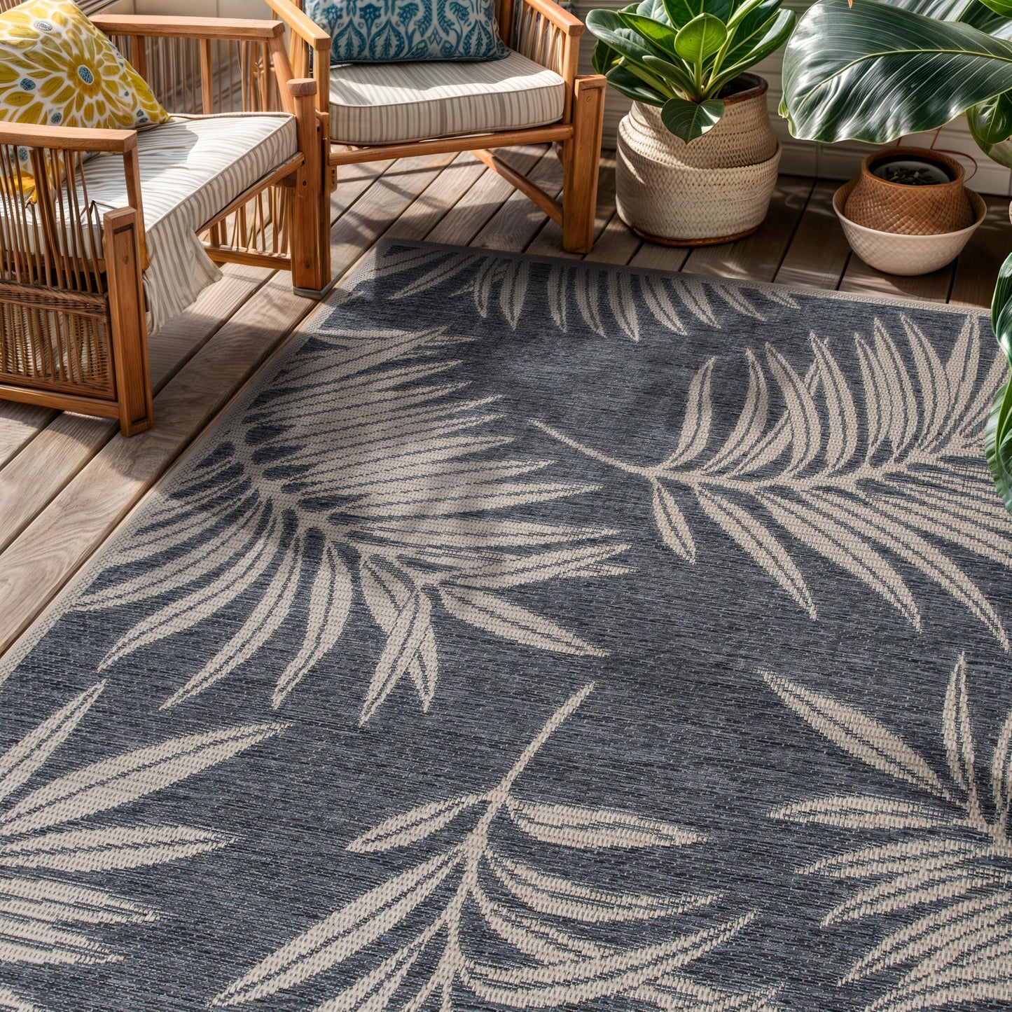 Rugshop Leaf Design for Patio Rugs,Deck Rugs,Balcony Rugs Indoor/Outdoor Area Rug 4' X 6' Blue