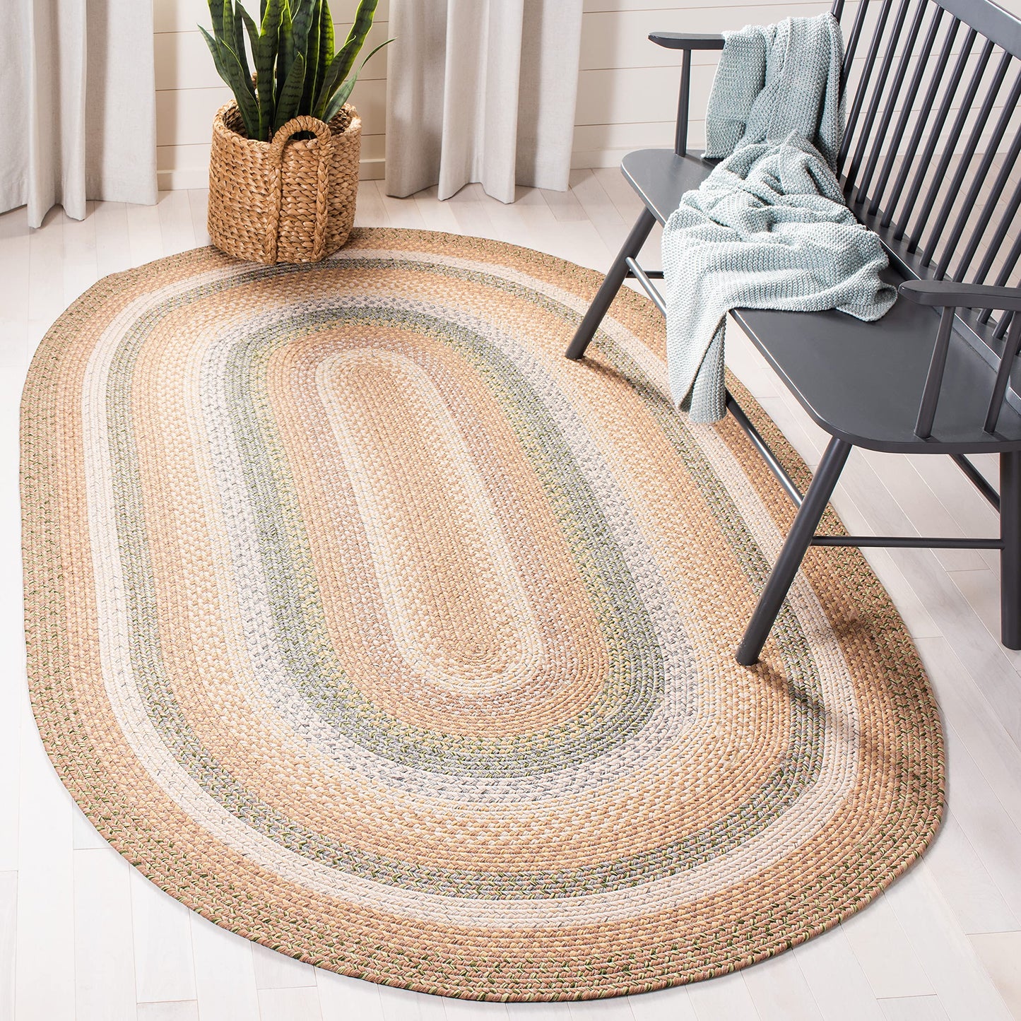 SAFAVIEH Washable Rug Outdoor Braided Collection - 5' x 8' Oval, Tan & Multi, Handmade & Reversible, Non-Shedding & Easy to Clean, Ideal for Patio, Backyard, Mudroom (BRD314A)